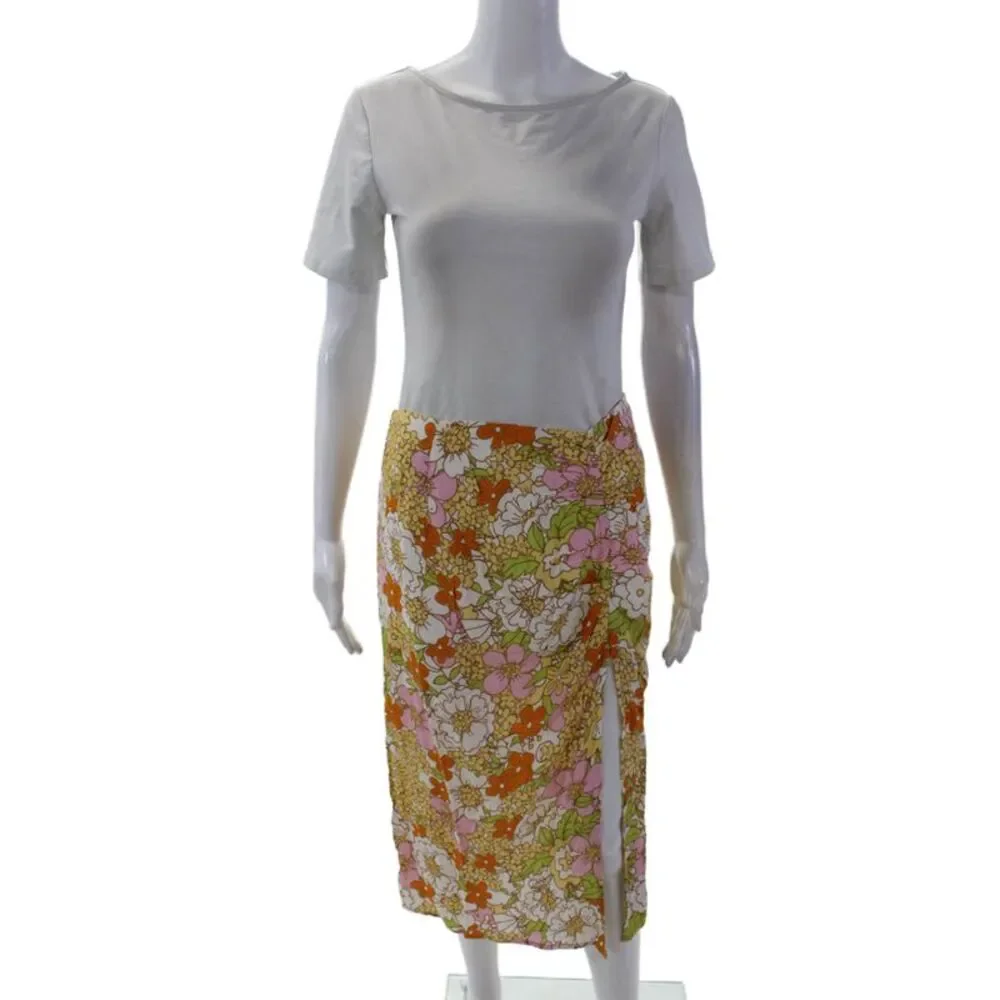Rahi Womens Back Zip Front Slit Midi Floral Skirt White Multi Size Small